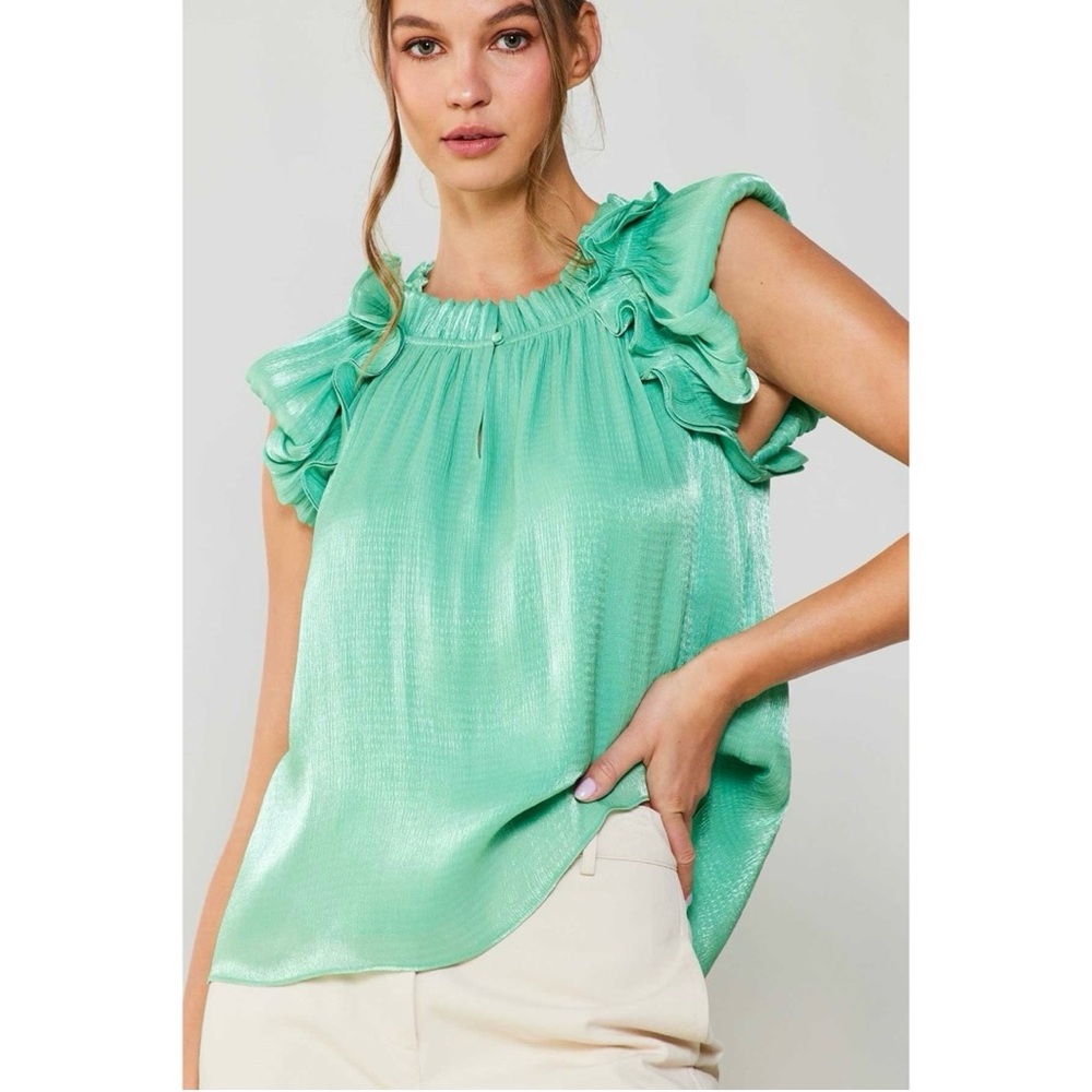 Anthropologie Current Air Ruffled Short Sleeve Blouse Cool Green Size M